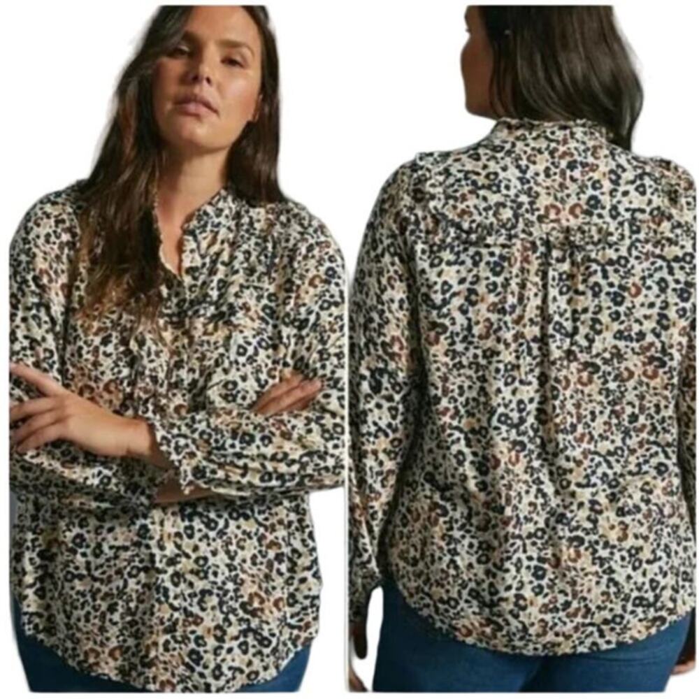 MAEVE | ANTHROPOLOGIE 4 Katia Ruffled Button Front Animal Print Top Brown Black
